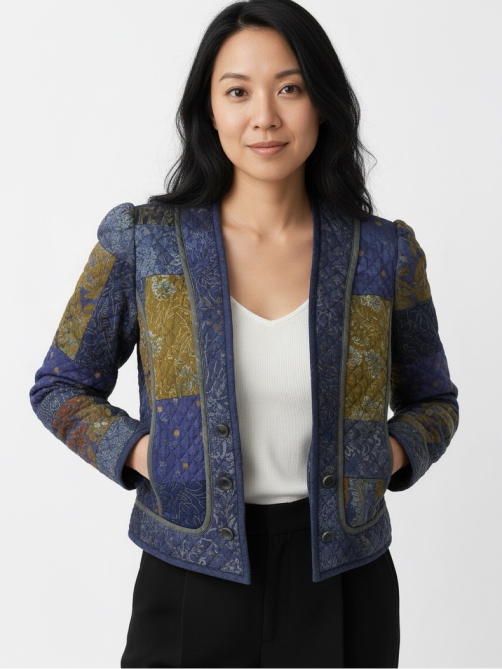 Vintage Quilted Patchwork Blazer - Blue and Brown